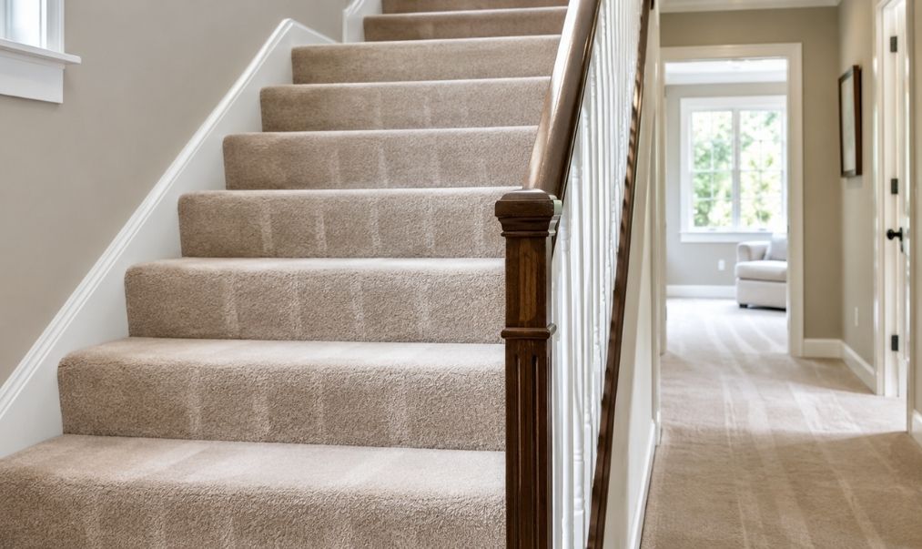 Clean carpeted stairs and hallway